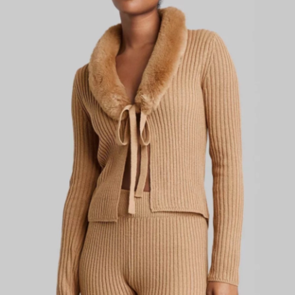 Wild Fable Ribbed Knit Faux Fur Collar Cardigan Sweater Top Brown Size XS EUC - Picture 1 of 3